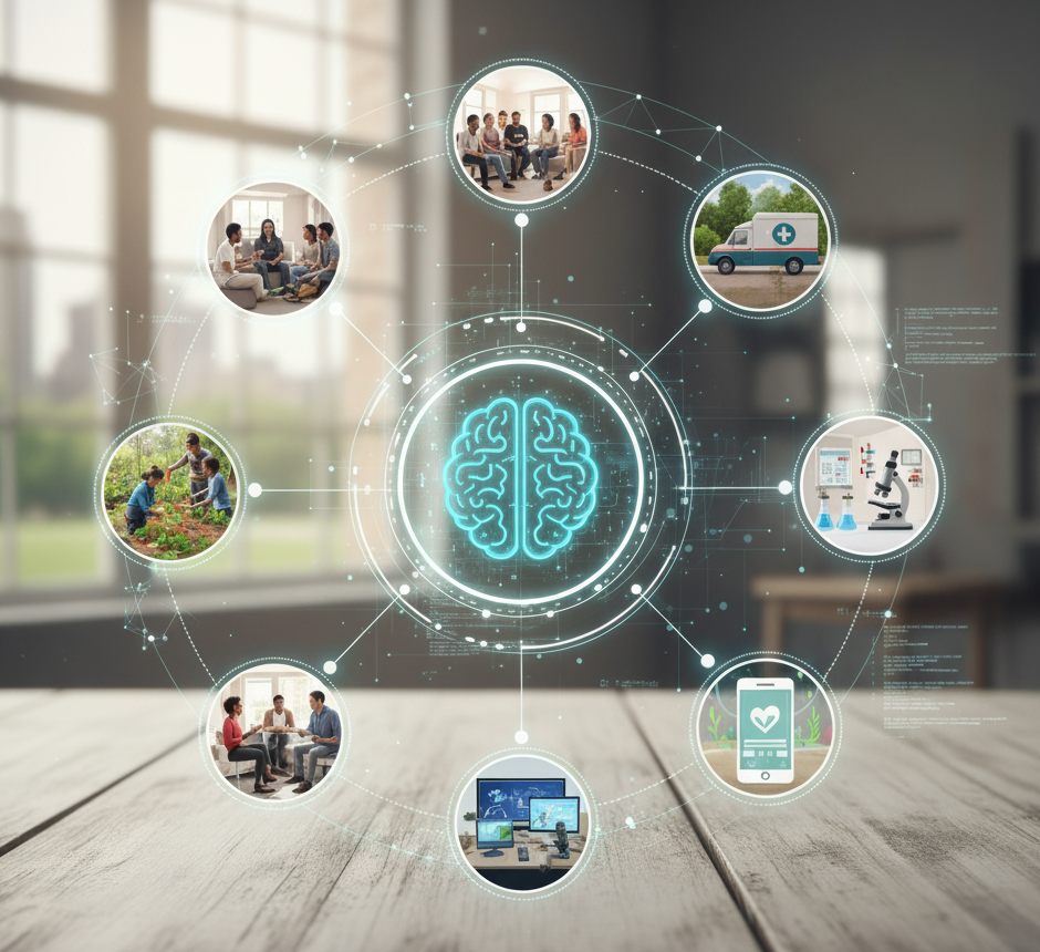 illustration, a central icon of a brain is circled by images related to funding and projects